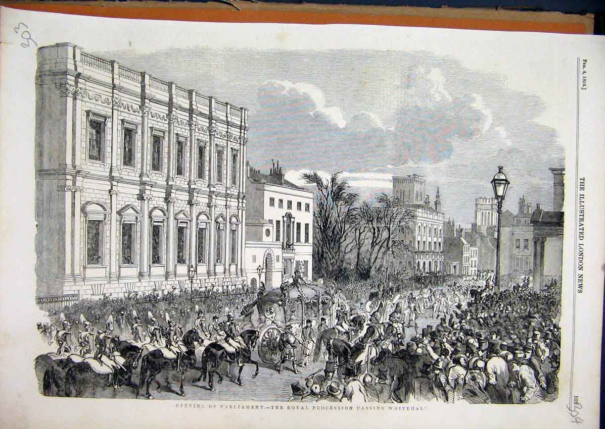 Original Old Antique Print 1854 Parliament Royal Procession Passing Whitehall