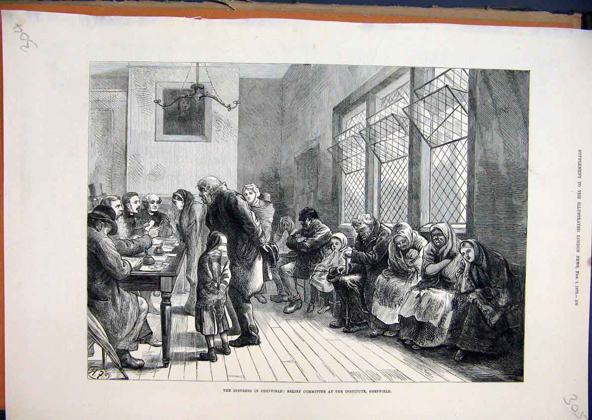 Original Old Antique Print 1879 Distress Sheffield Relief Committee Institute