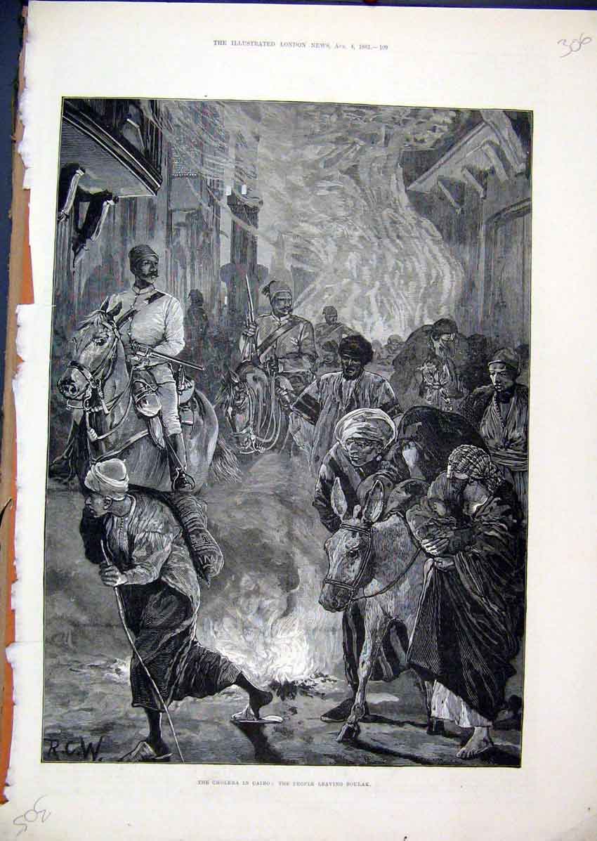 Old Antique Print Cholera Cairo People Leaving Boulak 1883 Horse Fine Art 19th