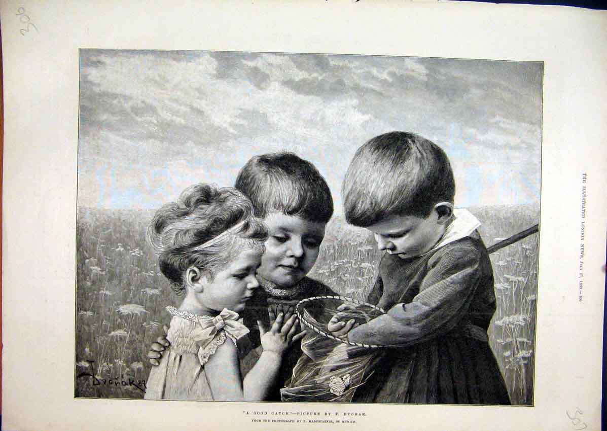 Old Antique Print 1889 Young Boys Girl Catching Butterflies Country Scene 19th