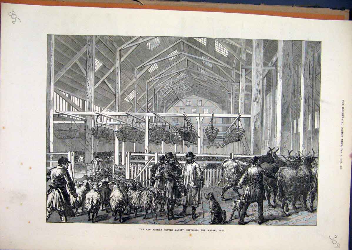 Original Old Antique Print 1872 Foreign Cattle Market Deptford Central Shed 19th