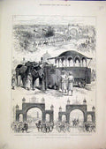 Original Old Antique Print 1882 Viceroy India Jeypore Triumphal Arch Elephant