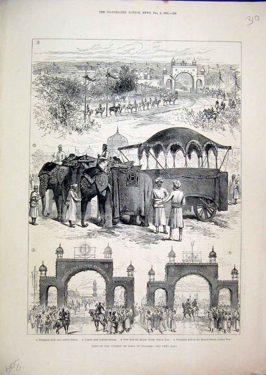 Original Old Antique Print 1882 Viceroy India Jeypore Triumphal Arch Elephant