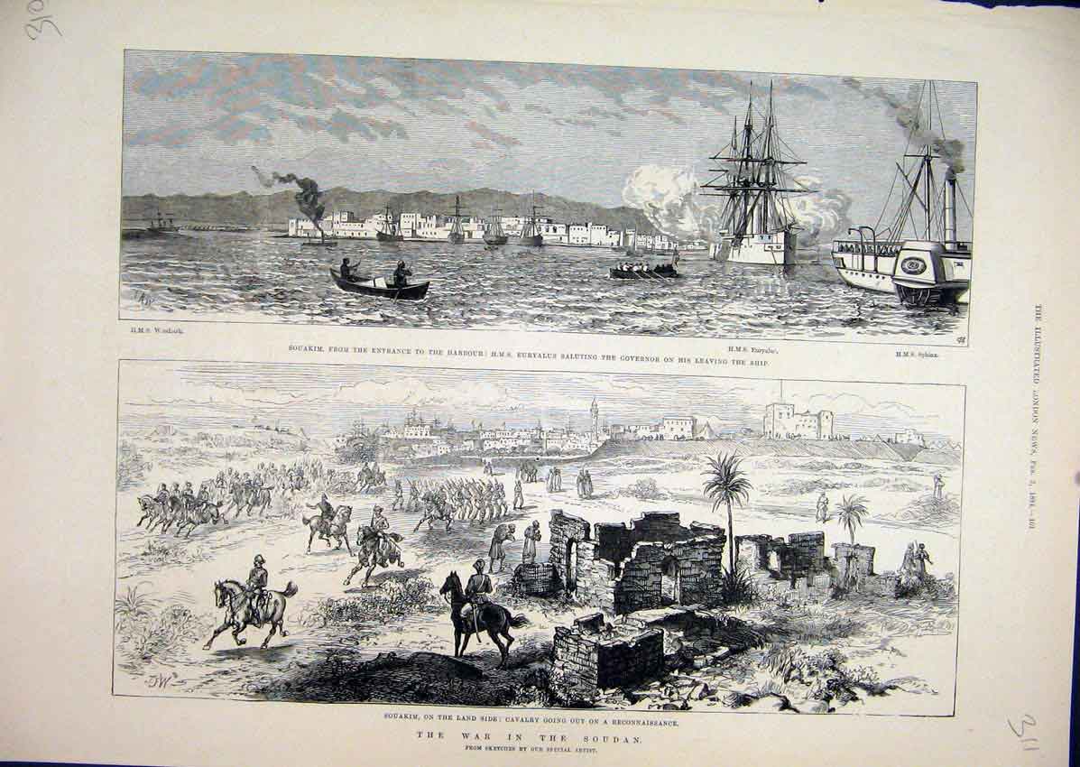 Original Old Antique Print 1884 War Soudan Souakim Land Side Cavalry Harbour