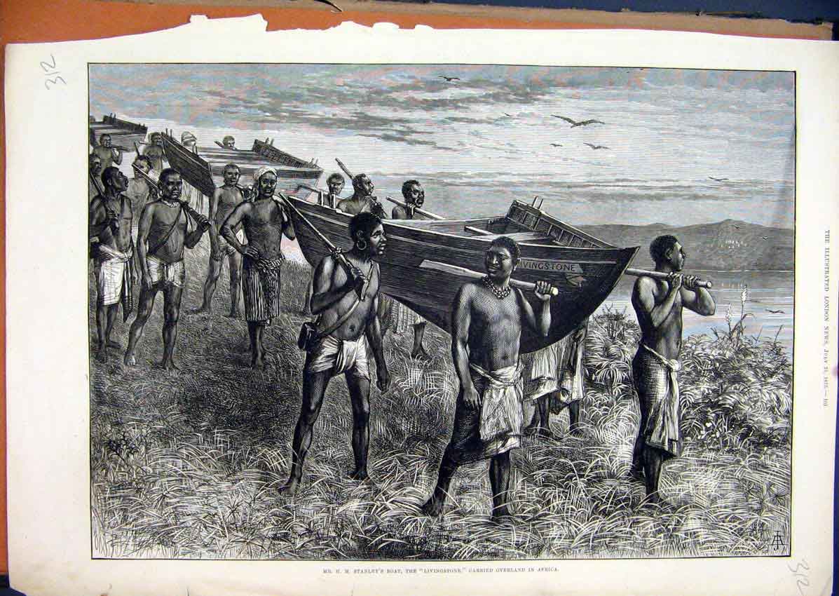 Original Old Antique Print 1875 Stanley Boat Livingstone Carried Overland Africa