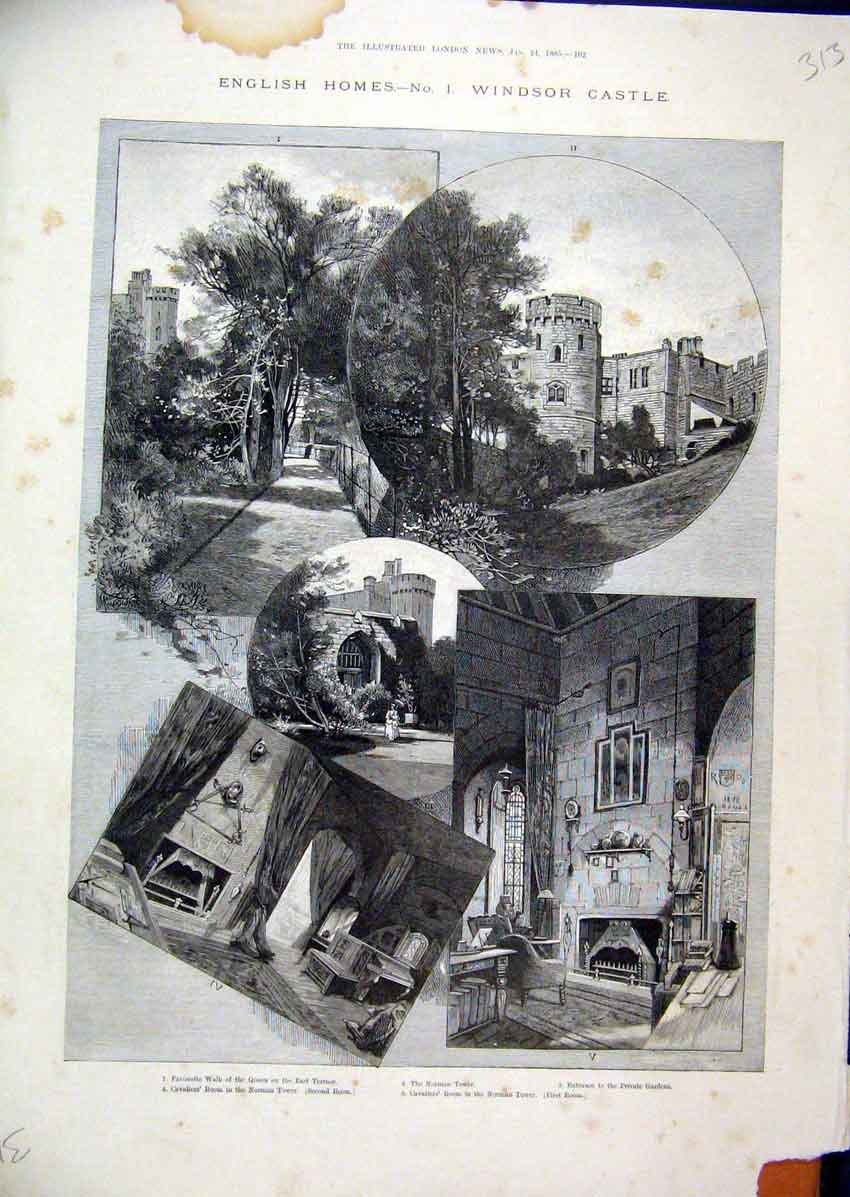 Old Antique Print Englsh Homes Windsor Castle 1885 Norman Tower Cavaliers 19th