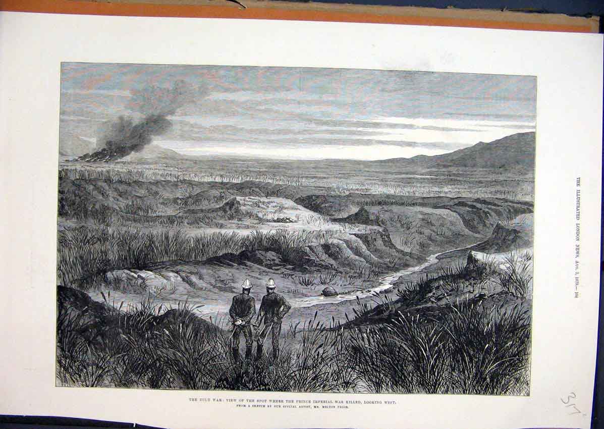 Original Old Antique Print 1879 Zulu War Country Scene Prince Imperial Killed