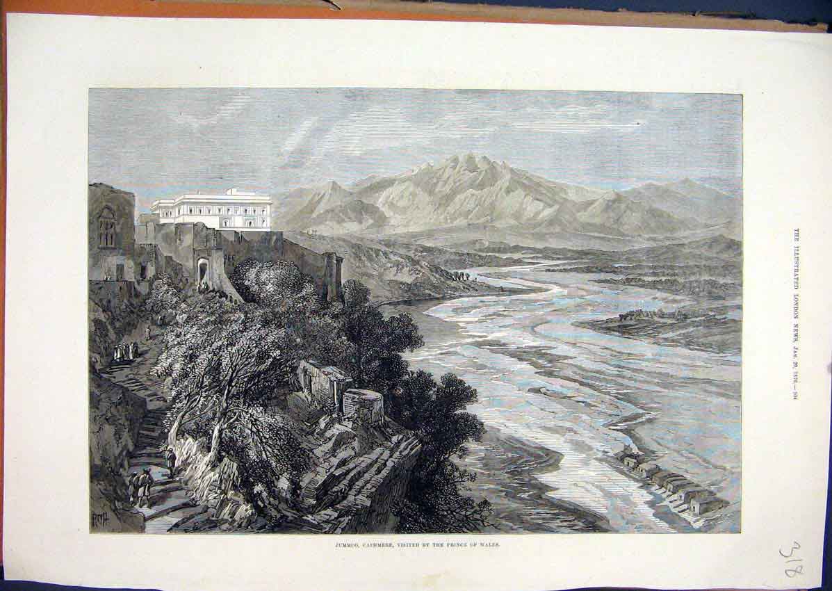 Original Old Antique Print 1876 Jummoo Cashmere Prince Wales Building Mountain