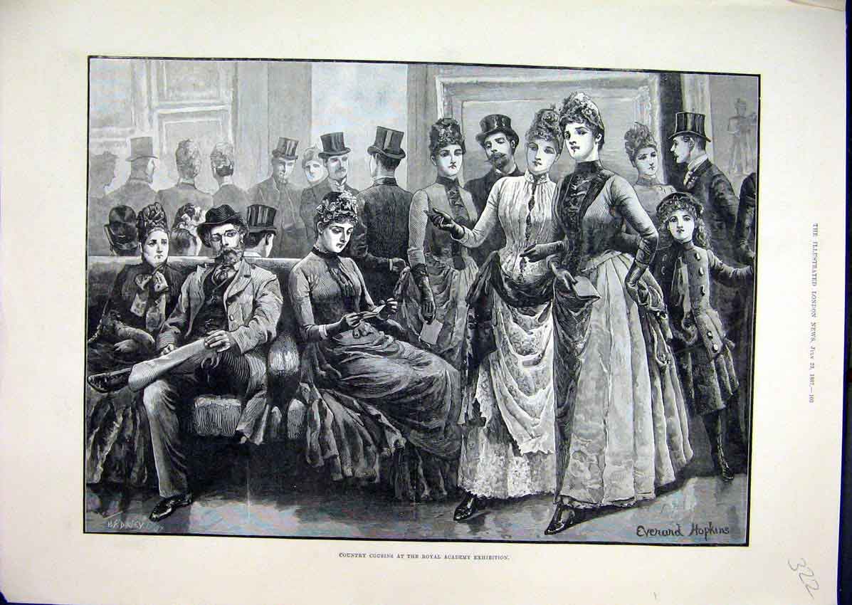 Old Antique Print 1887 Country Cousins Royal Academy Exhibitions Dresses 19th