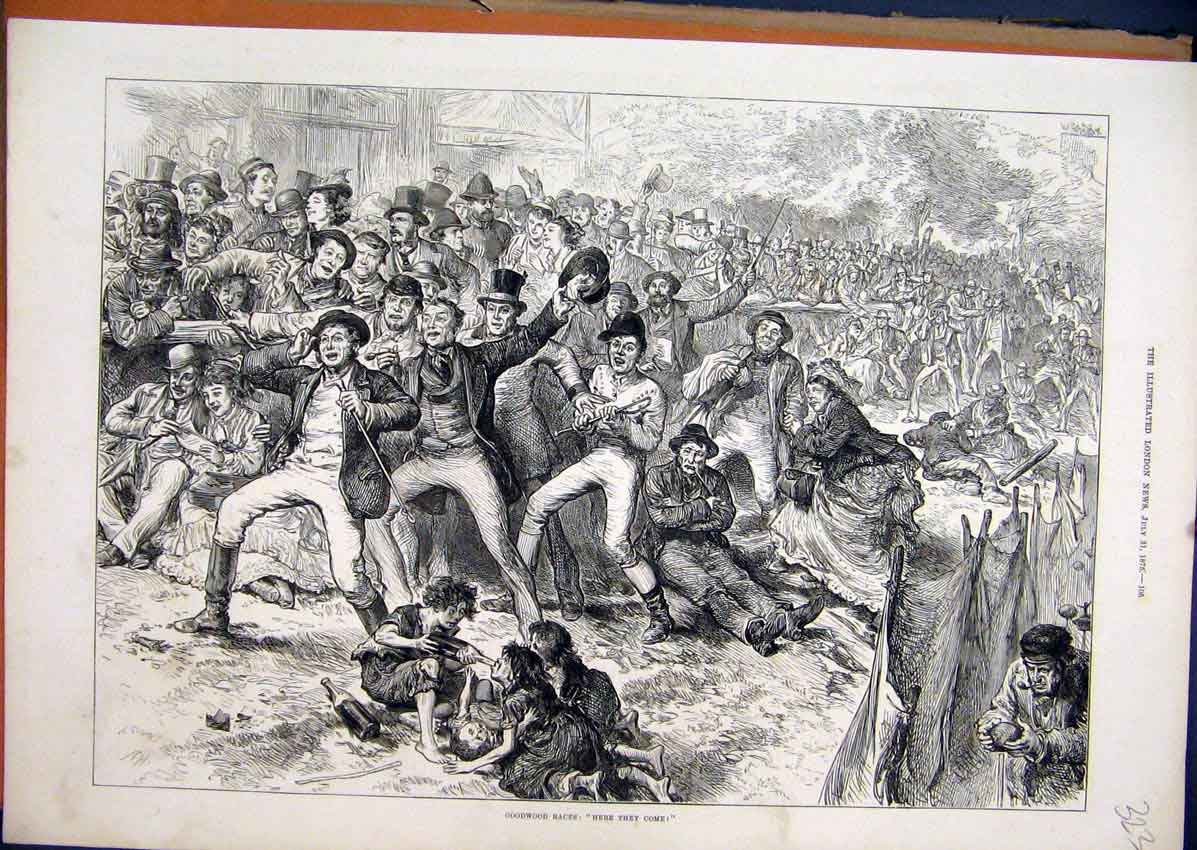 Original Old Antique Print 1875 Goodwood Races People Celebrating Drinking 19th