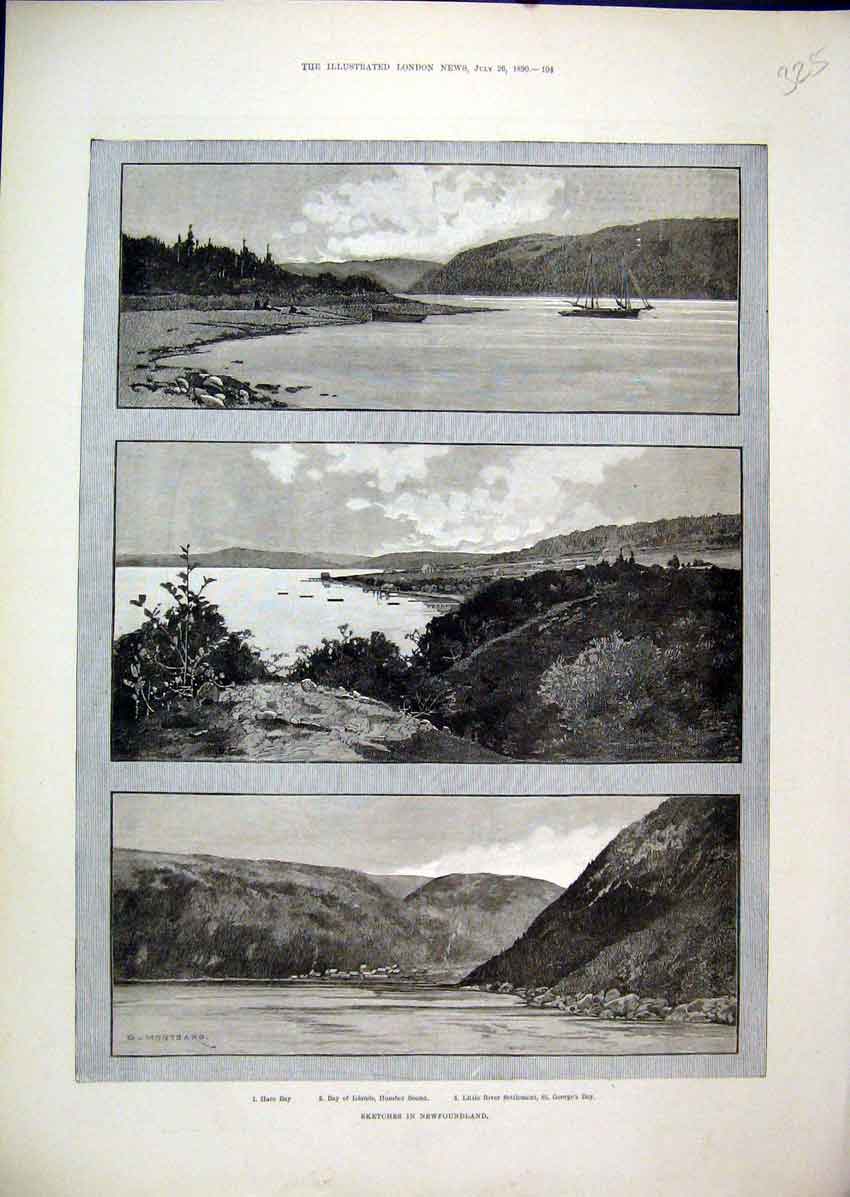 Original Old Antique Print 1890 Newfoundland Hare Bay Humber Sound River George