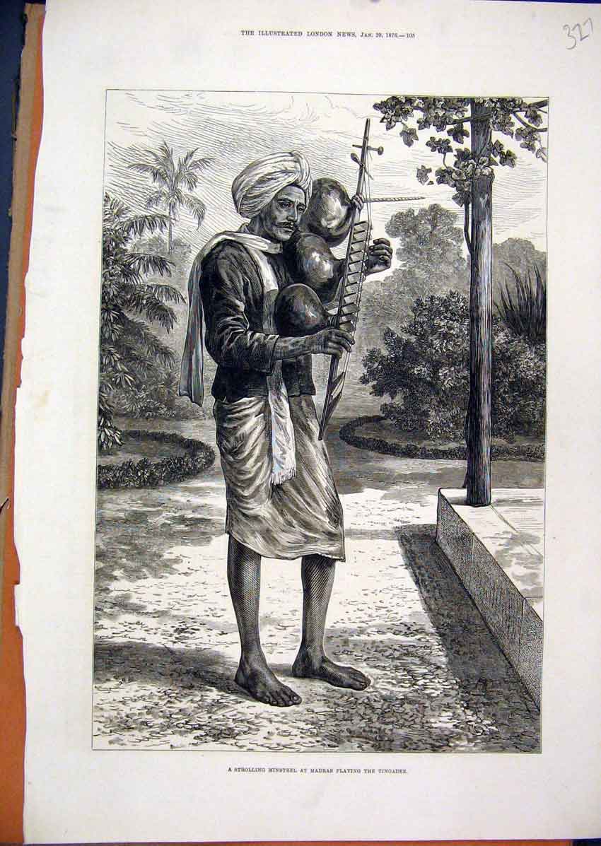 Original Old Antique Print Strolling Minstrel Madras Playing Tingadee Music 1876