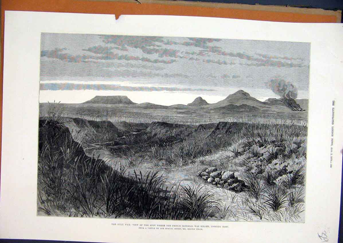 Original Old Antique Print 1879 Zulu War View Spot Prince Imperial Killed Sketch