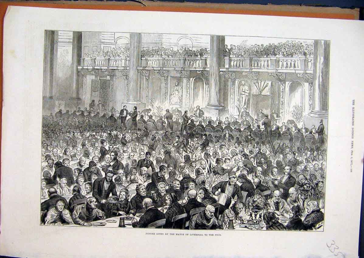 Original Old Antique Print 1877 Dinner Given Mayor Liverpool Banquet People 19th