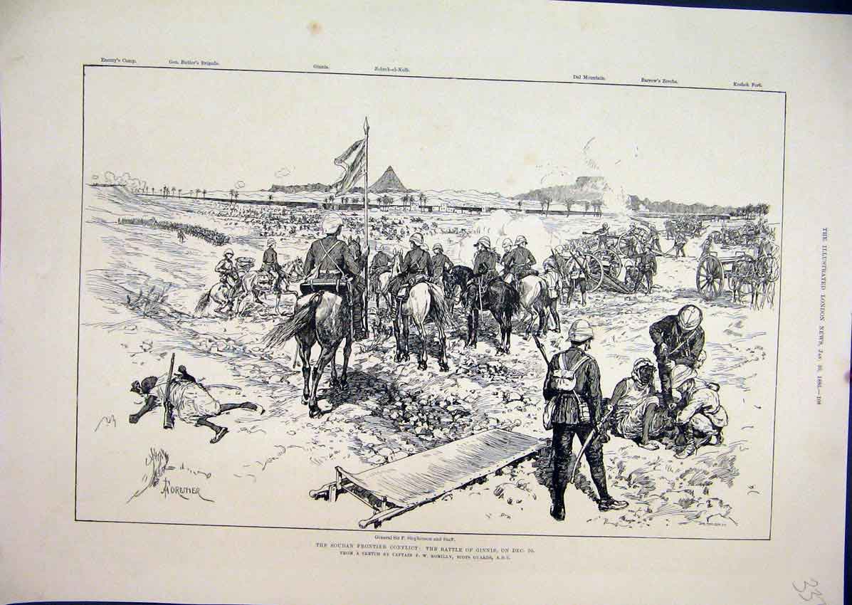 Old Antique Print 1886 War Soudan Frontier Conflict Battle Ginnis Sketch 19th