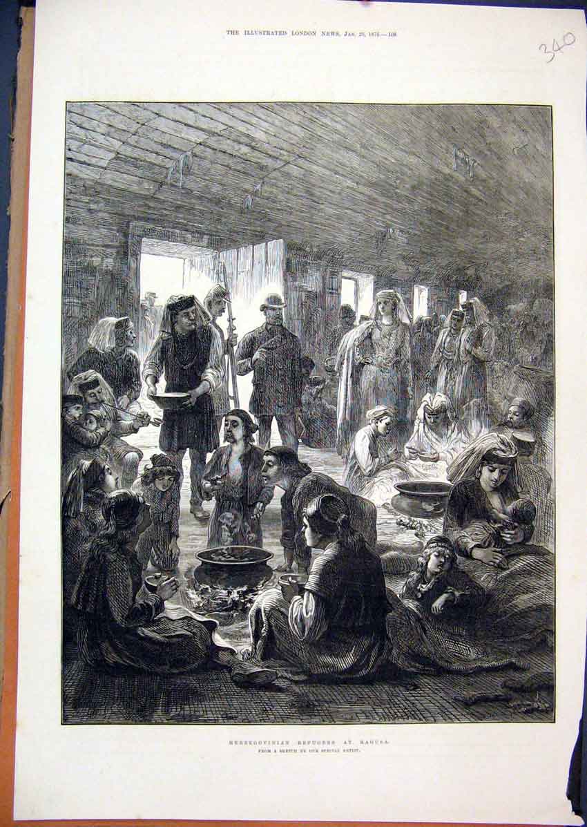 Original Old Antique Print 1876 Herzegovinian Refugess Ragusa Dinner Time 19th
