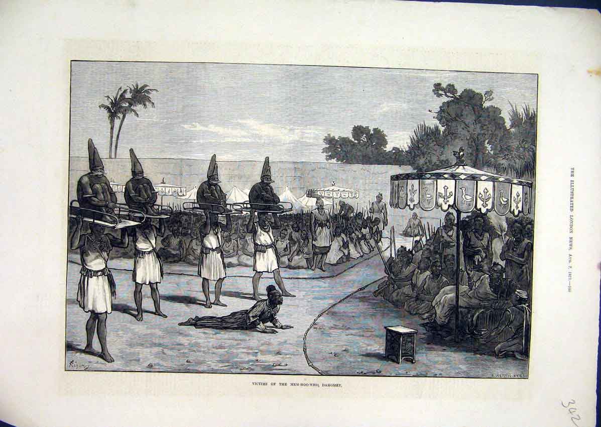 Original Old Antique Print 1873 Victims Mem-Hoo-Who Dahomey Human Sacrafice 19th