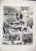 Original Old Antique Print Sketches London 1881 Snowstorm Digging Comedy Horse