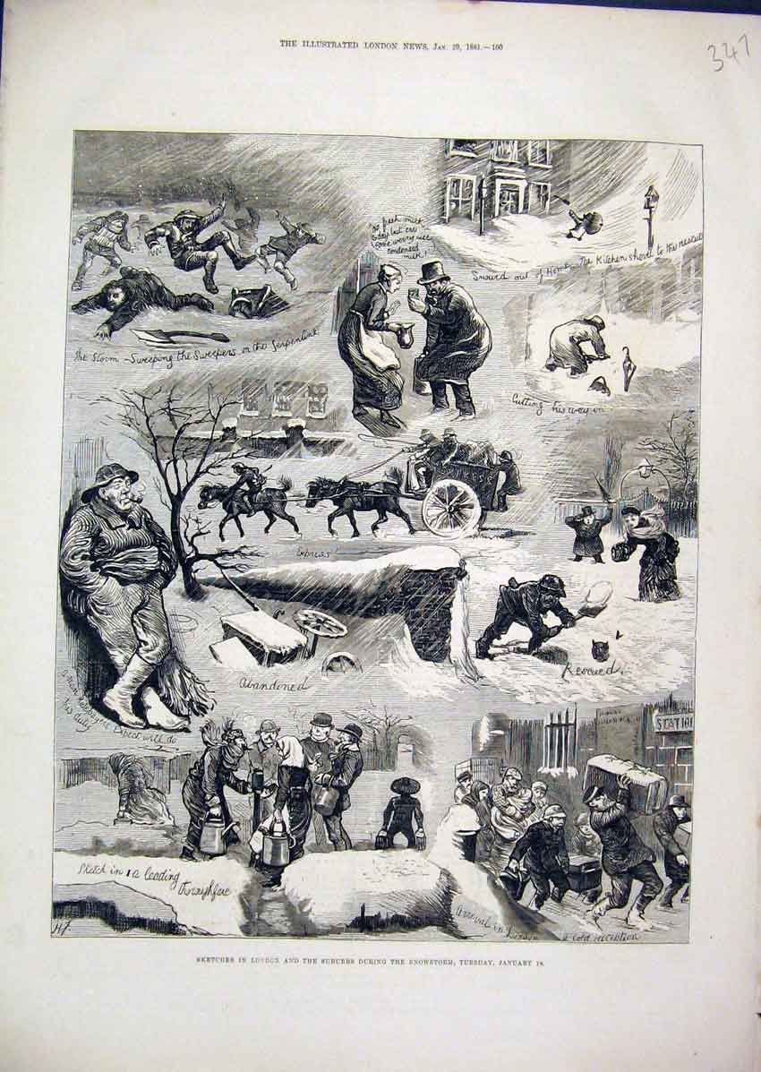 Original Old Antique Print Sketches London 1881 Snowstorm Digging Comedy Horse