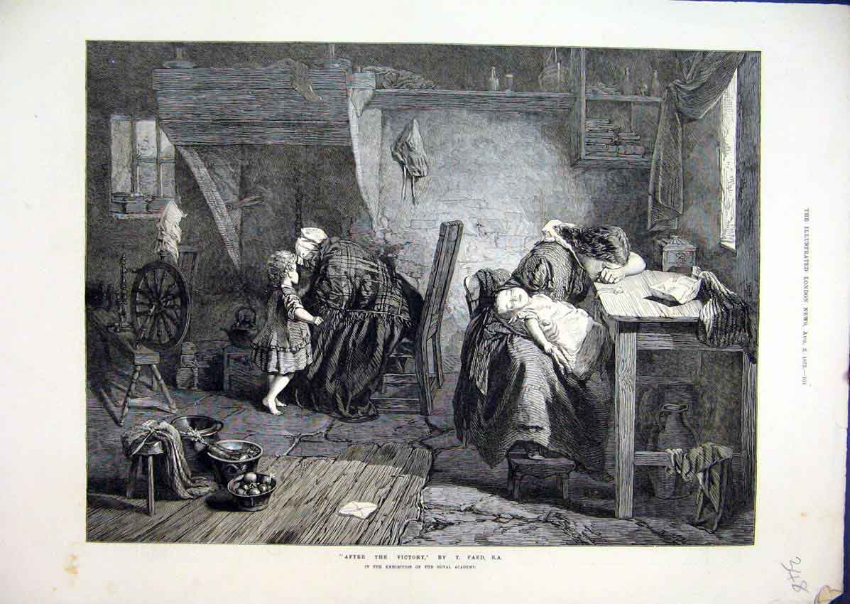 Original Old Antique Print 1873 Women Children Sleeping Spinning Wheel Fine Art