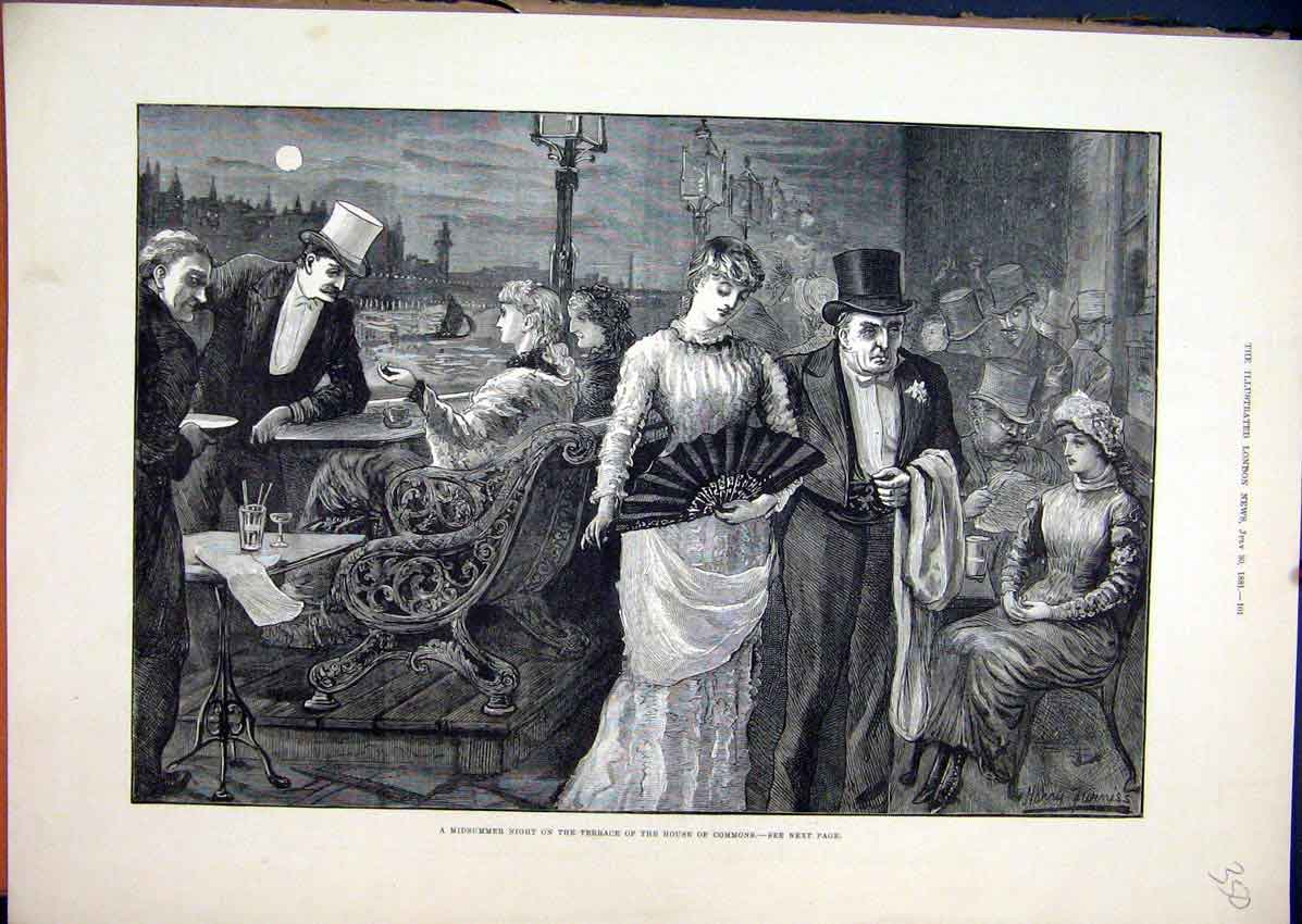 Original Old Antique Print 1881 Midsummer Night Terrace House Commons Romance