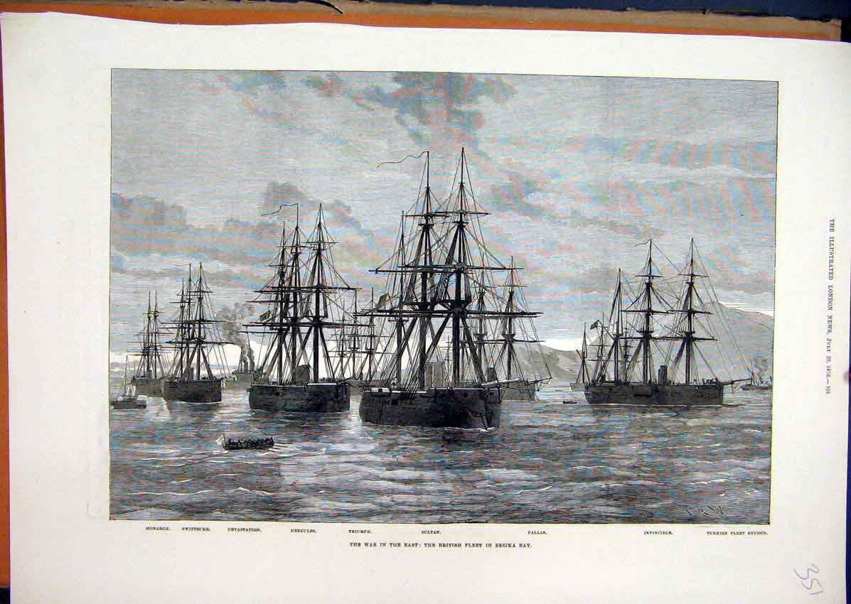 Original Old Antique Print War East British Fleet Ships 1876 Sultan Invincible