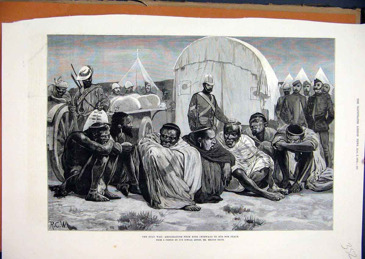 Original Old Antique Print Zulu War 1879 Ambassadors King Cetewayo Peace Sketch