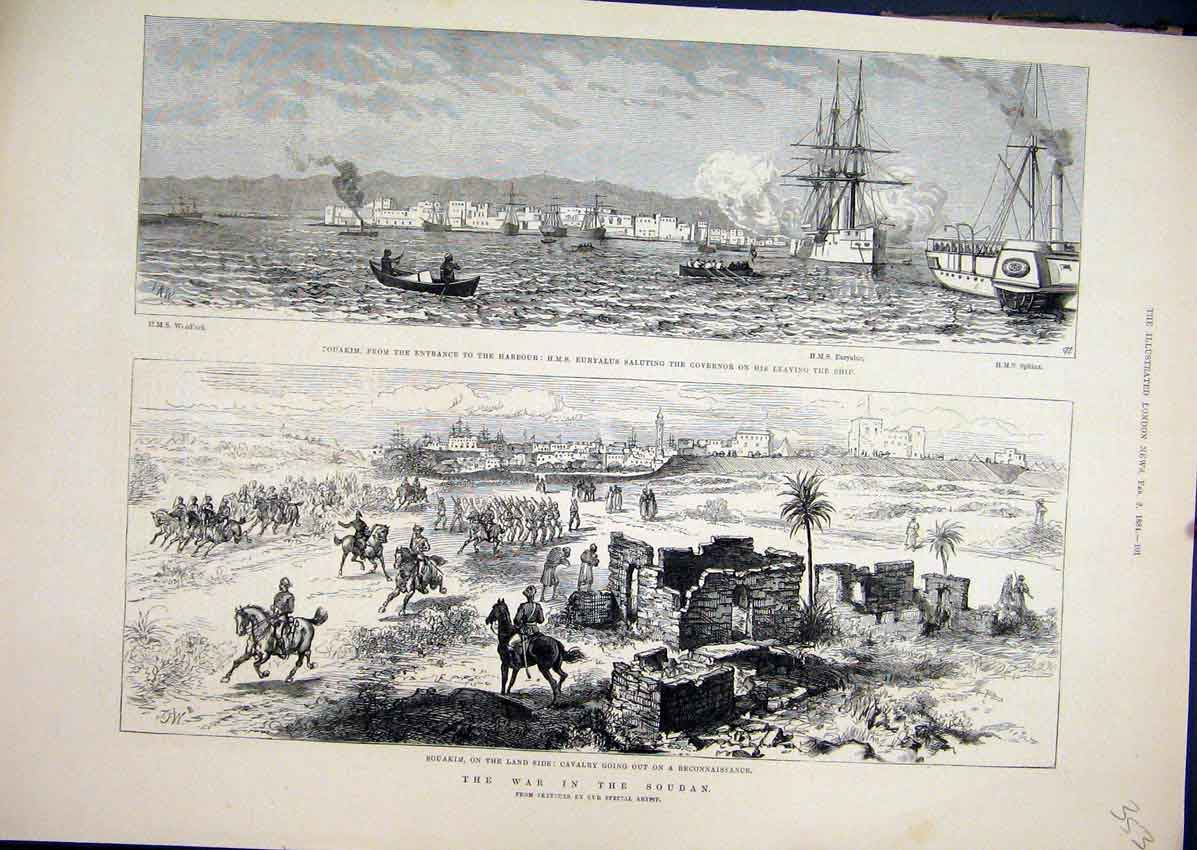 Original Old Antique Print War Soudan 1884 Souakim Harbour Cavalry Euryalus 19th