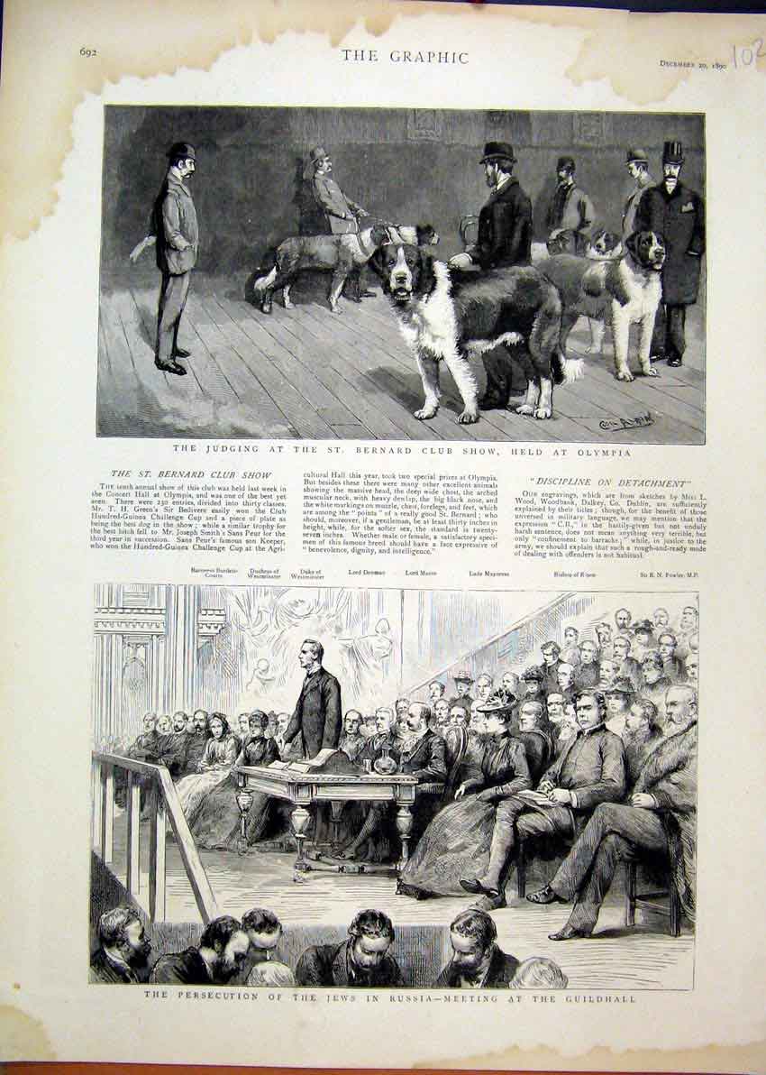 Original Old Antique Print 1890 St Bernard Show Olympia Jews Russia Persecution