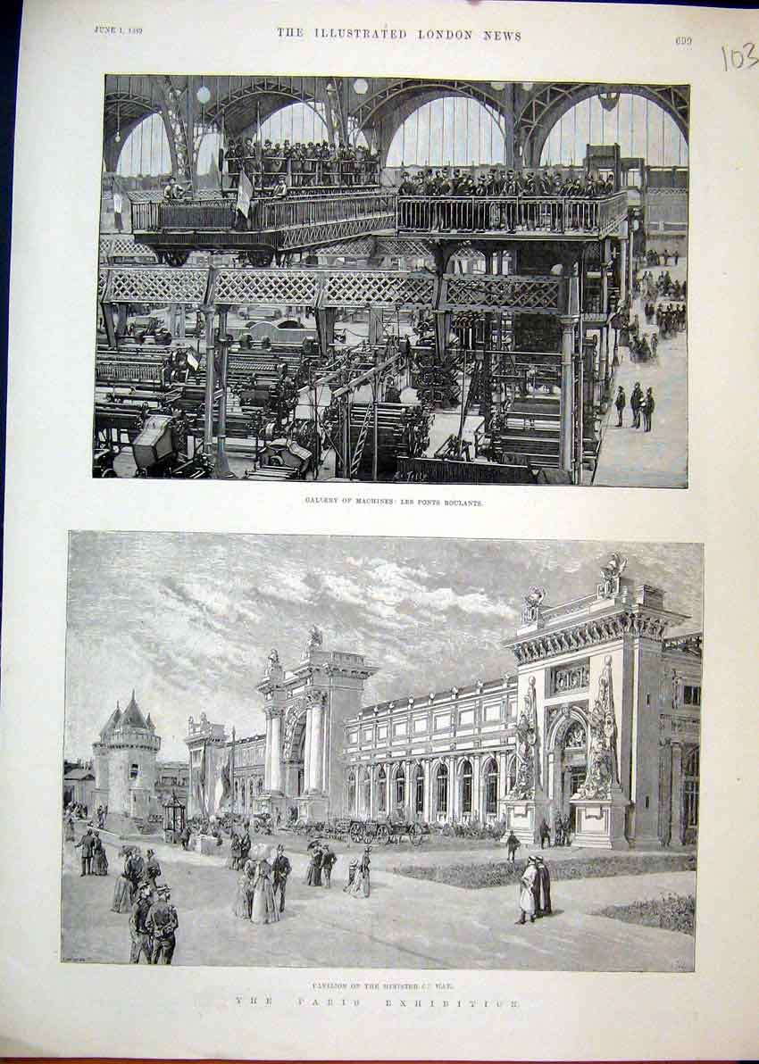 Old Antique Print 1889 Paris Exhibition Machines Les Ponts Pavillion War 19th