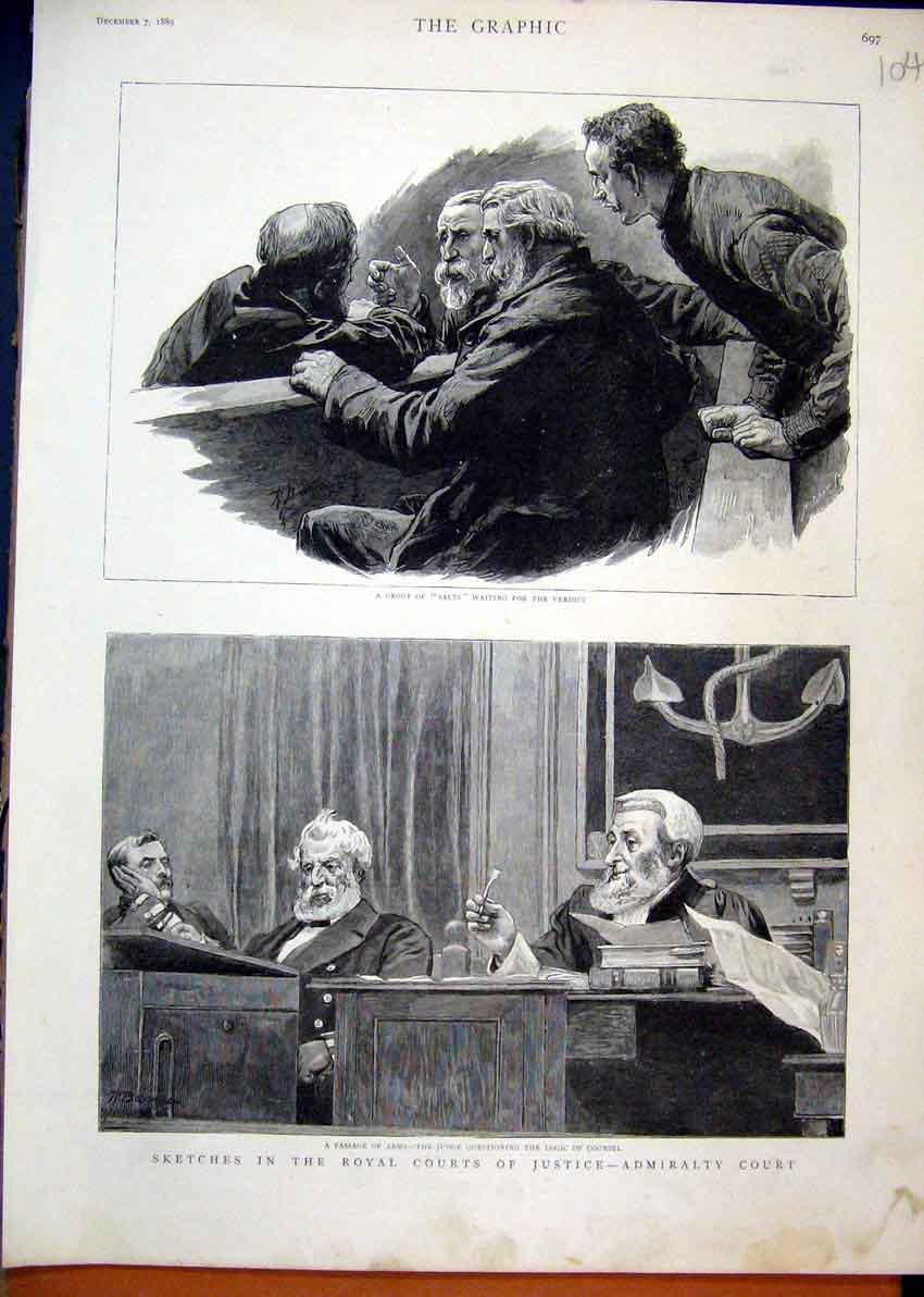 Old Antique Print 1889 Royal Court Justice Admirality Judge Counsel Salts 19th