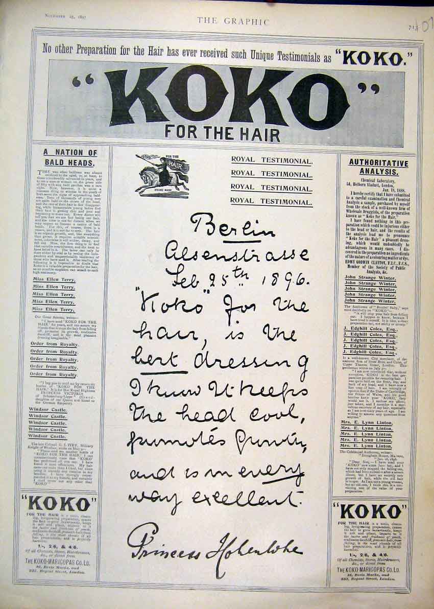 Original Old Antique Print 1897 Advert Koko Marcicopas Hair Growth Tonic 19th