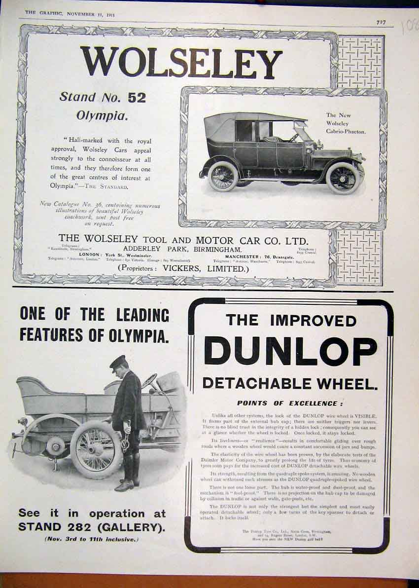 Original Old Antique Print 1911 Advert Wolseley Tool Motor Car Dunlop Wheel Tyre