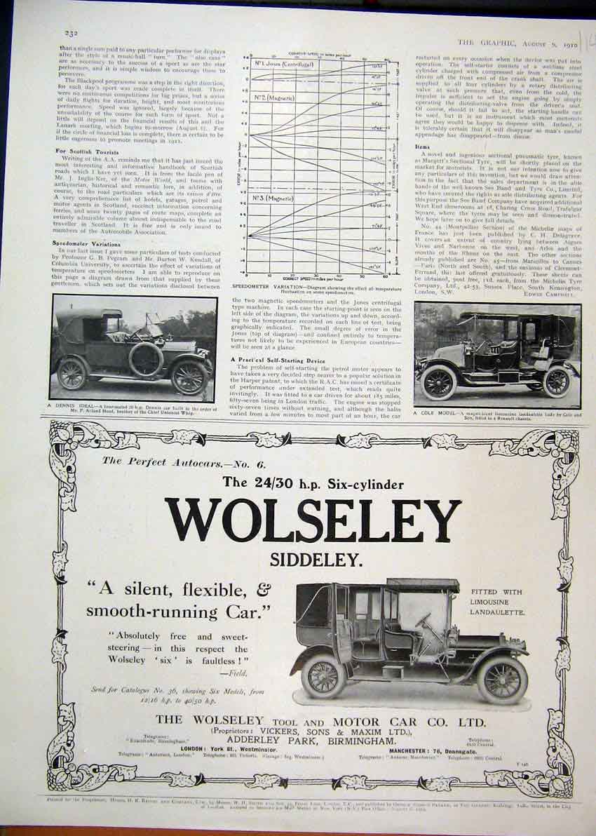 Original Old Antique Print 1910 Advert Wolseley Siddeley Motor Car Limousine