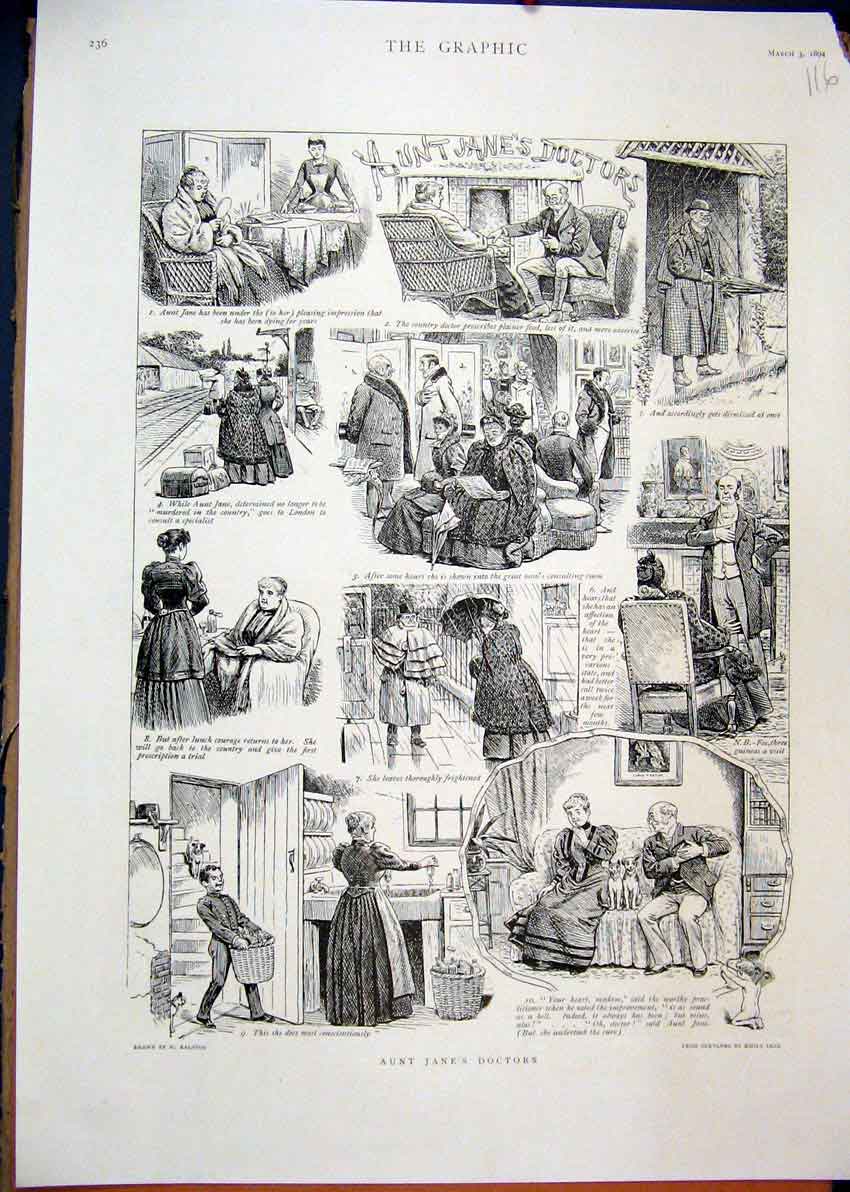 Original Old Antique Print Aunt Janes Doctors 1894 Comedy Scenes Train Station