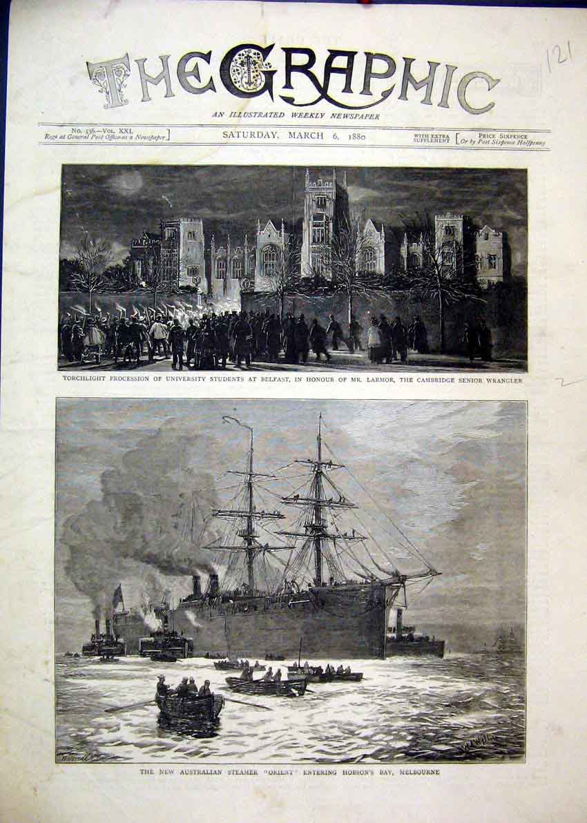 Original Old Antique Print Torchlight Procession Belfast1880 Australian Orient