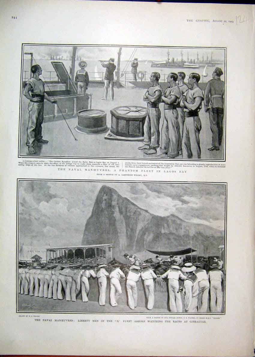 Original Old Antique Print Naval Manoeuvres1903 Lagos Bay Gibraltar Liberty Men