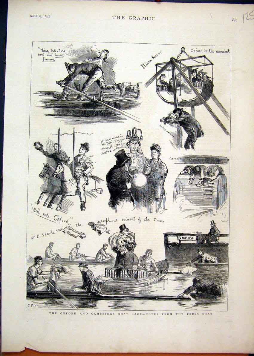Original Old Antique Print Oxford Cambridge Boat Race 1875 Press Comedy Sketches