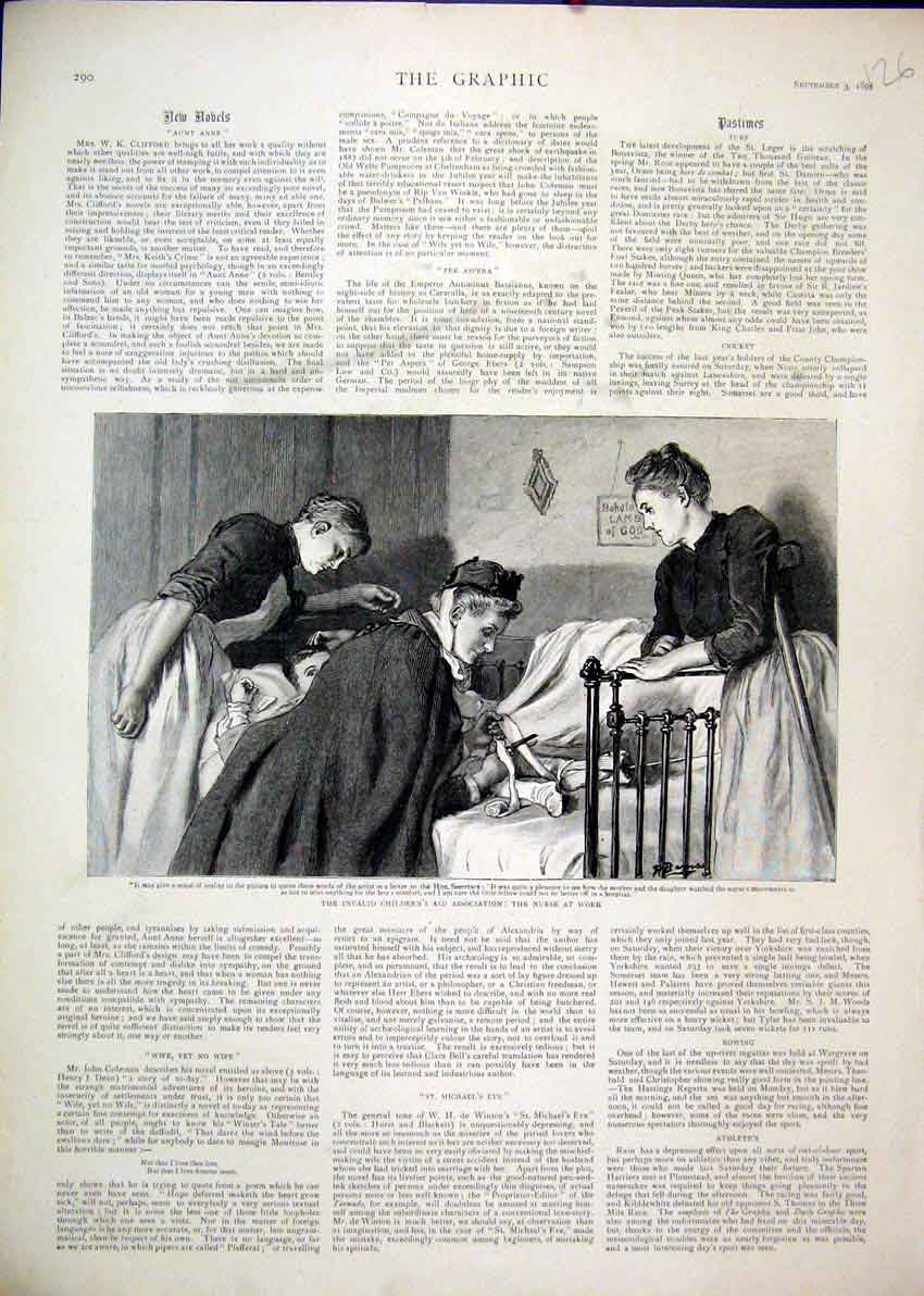 Original Old Antique Print 1892 Invalid Children Nurse Work Bed Cutting Bandage