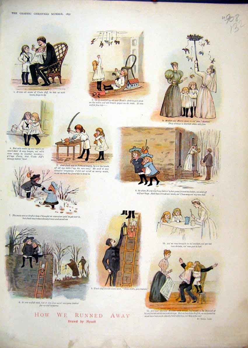 Old Antique Print 1897 Colour Comedy Sketch Little Boy Girl Running Away 19th