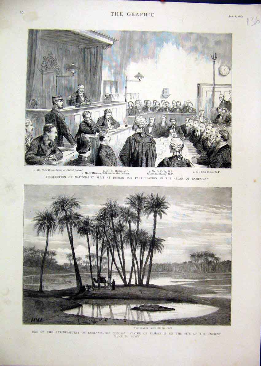Old Antique Print 1887 Colossal Statue Ramses Ancient Memphis Dublin M.P 19th