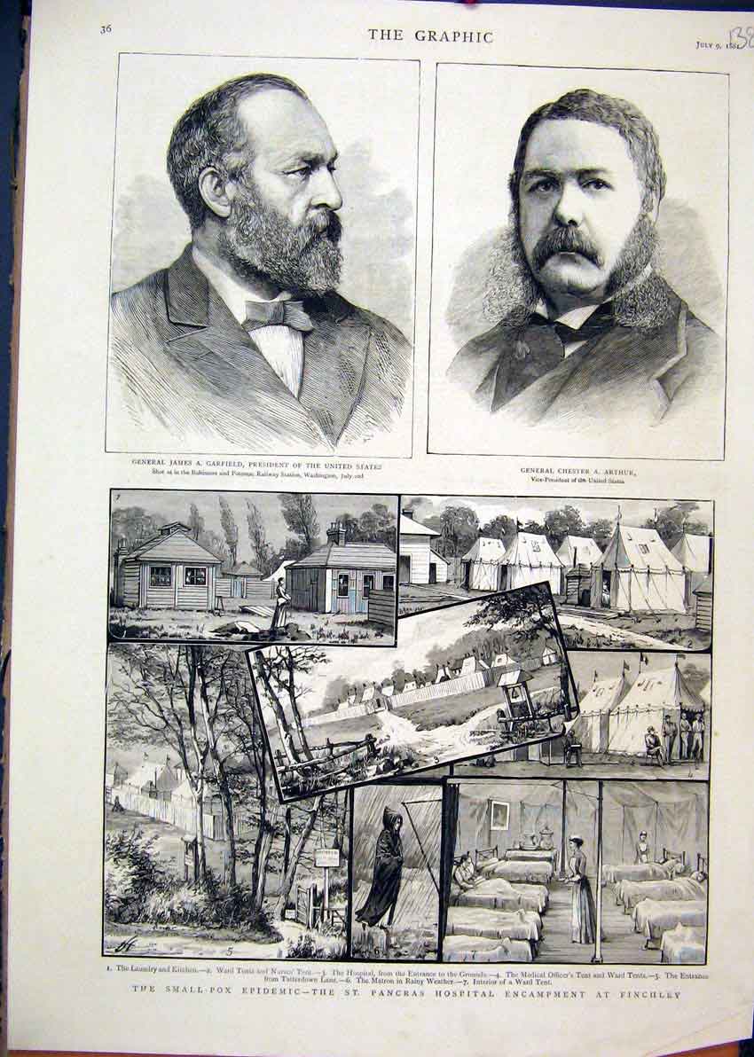 Original Old Antique Print 1881 Small Pox Epidemic St.Pancreas Hospital Finchley