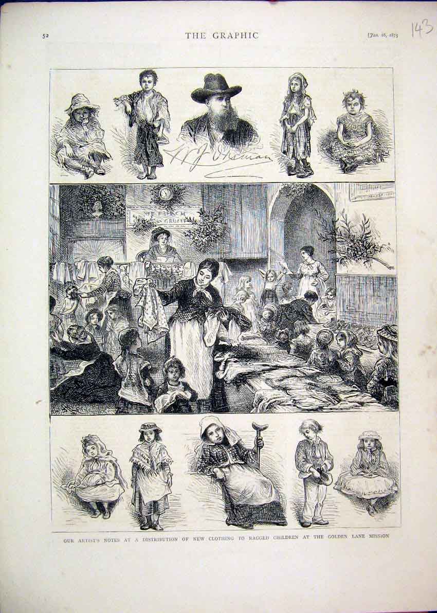 Original Old Antique Print 1875 Clothing Ragged Children Gen Lane Mission 19th