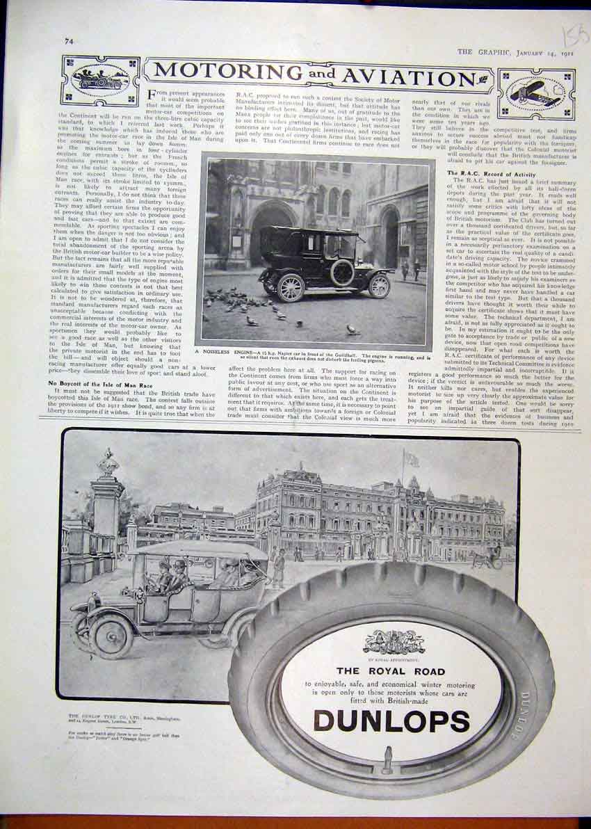 Original Old Antique Print 1911 Advert Dunlop Tyres Napier Car Guildhall Motor