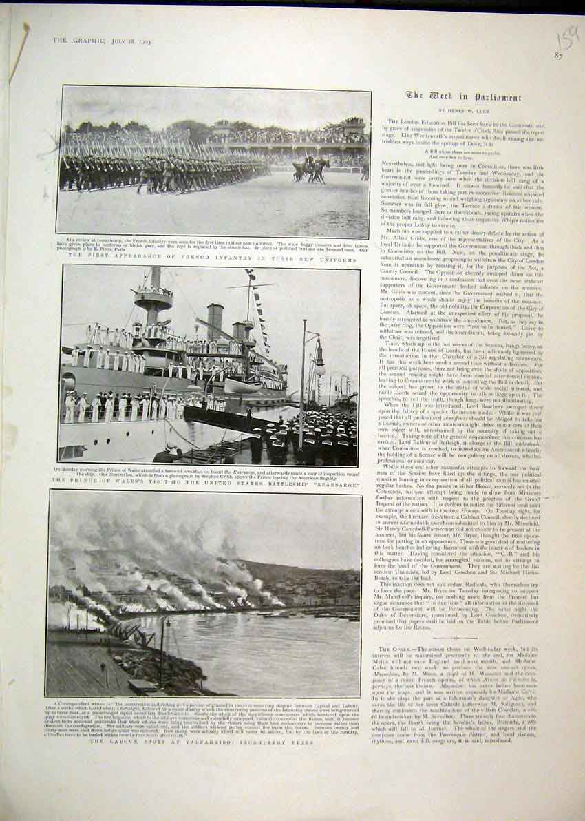 Original Old Antique Print 1903 French Infantry Uniforms Labour Riots Valparaiso