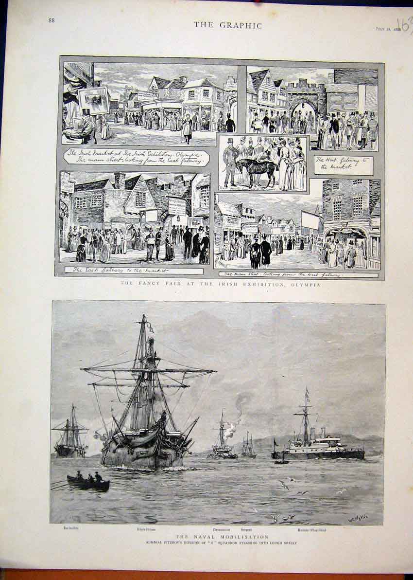 Original Old Antique Print 1888 Naval Mobilisation Fancy Fair Irish Exhibition