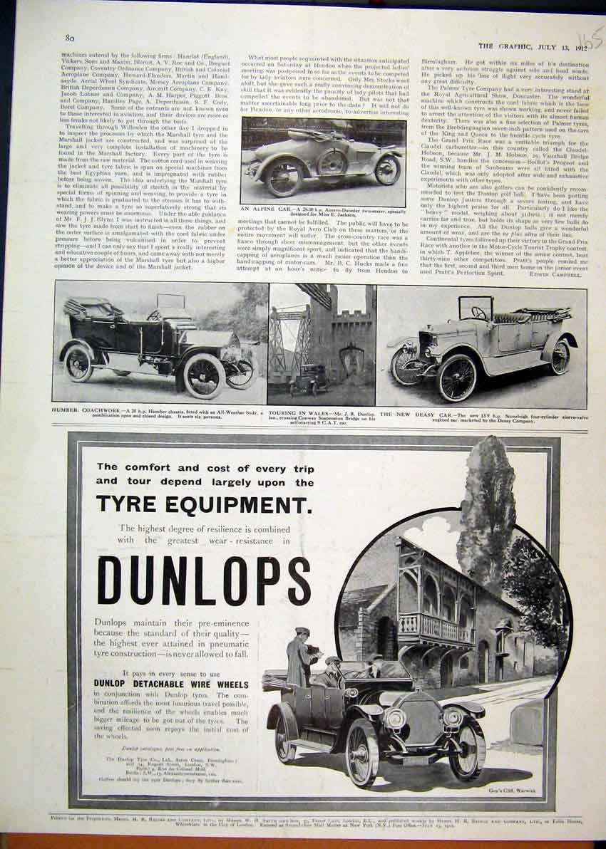 Original Old Antique Print Advert Dunlop Detachable Wire Wheels 1912 Deasy Wales