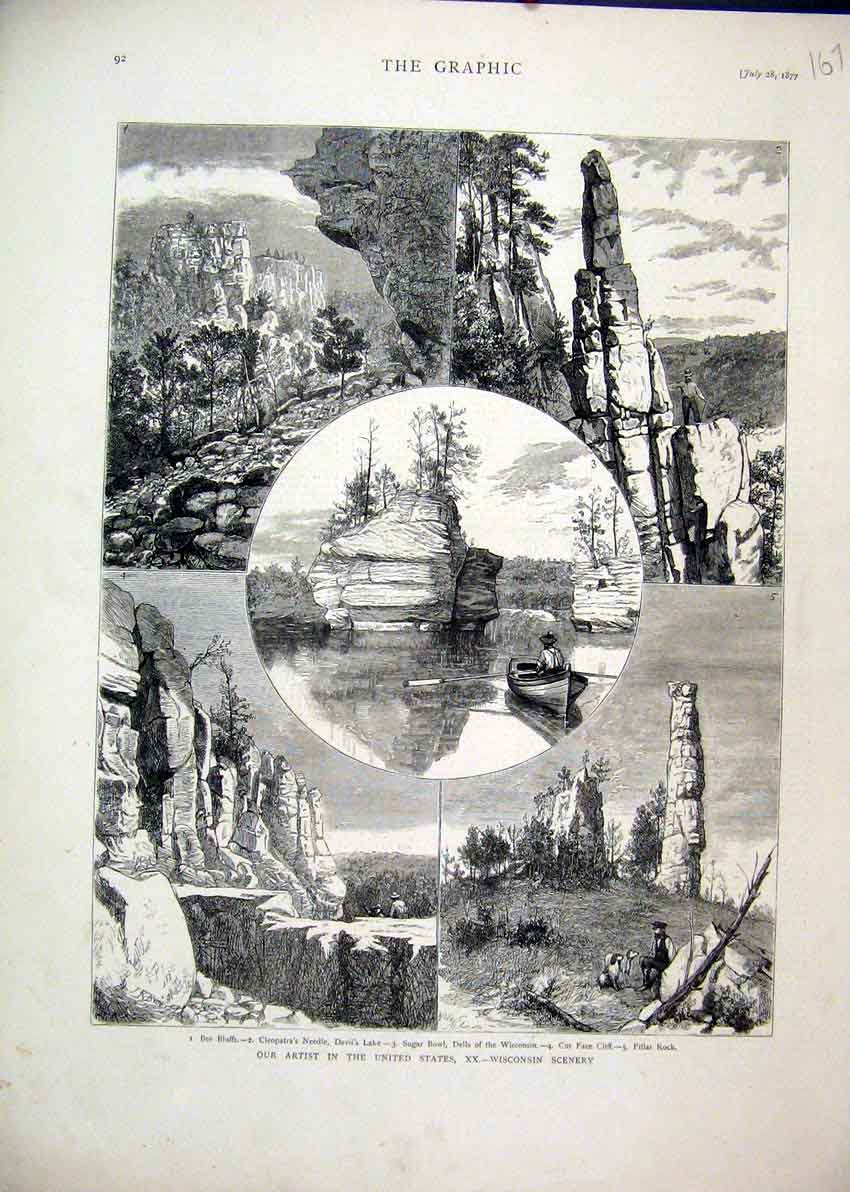 Original Old Antique Print 1877 America Wisconsin Pillar Rock Cleopatra Needle