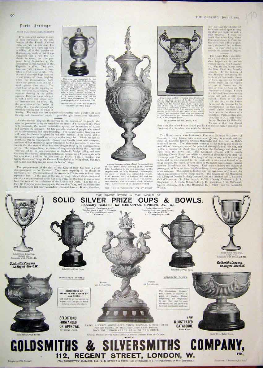 Original Old Antique Print Advert 1903 Gsmiths Silversmith Cups Bowls Bisley