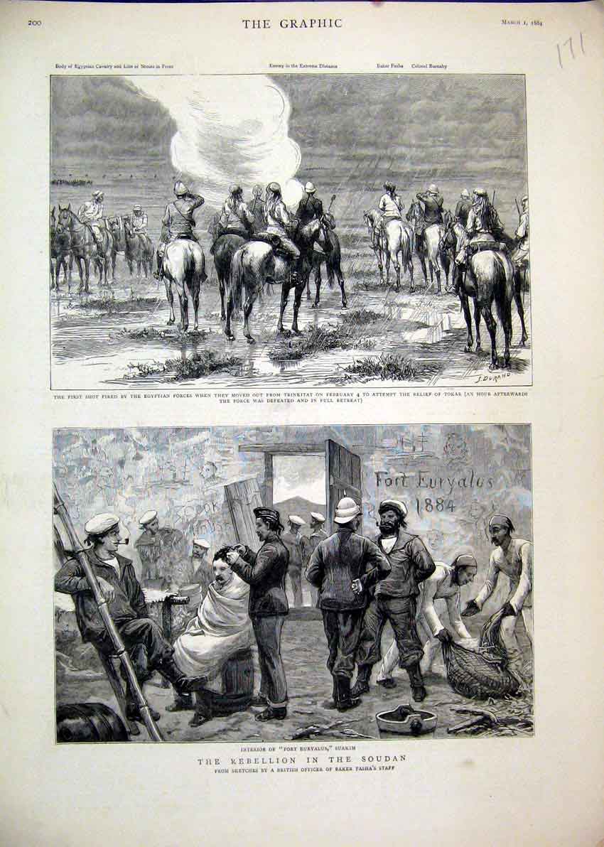 Old Antique Print 1884 Rebellion Soudan Fort Euryalus Suakim Tokar Horse 19th